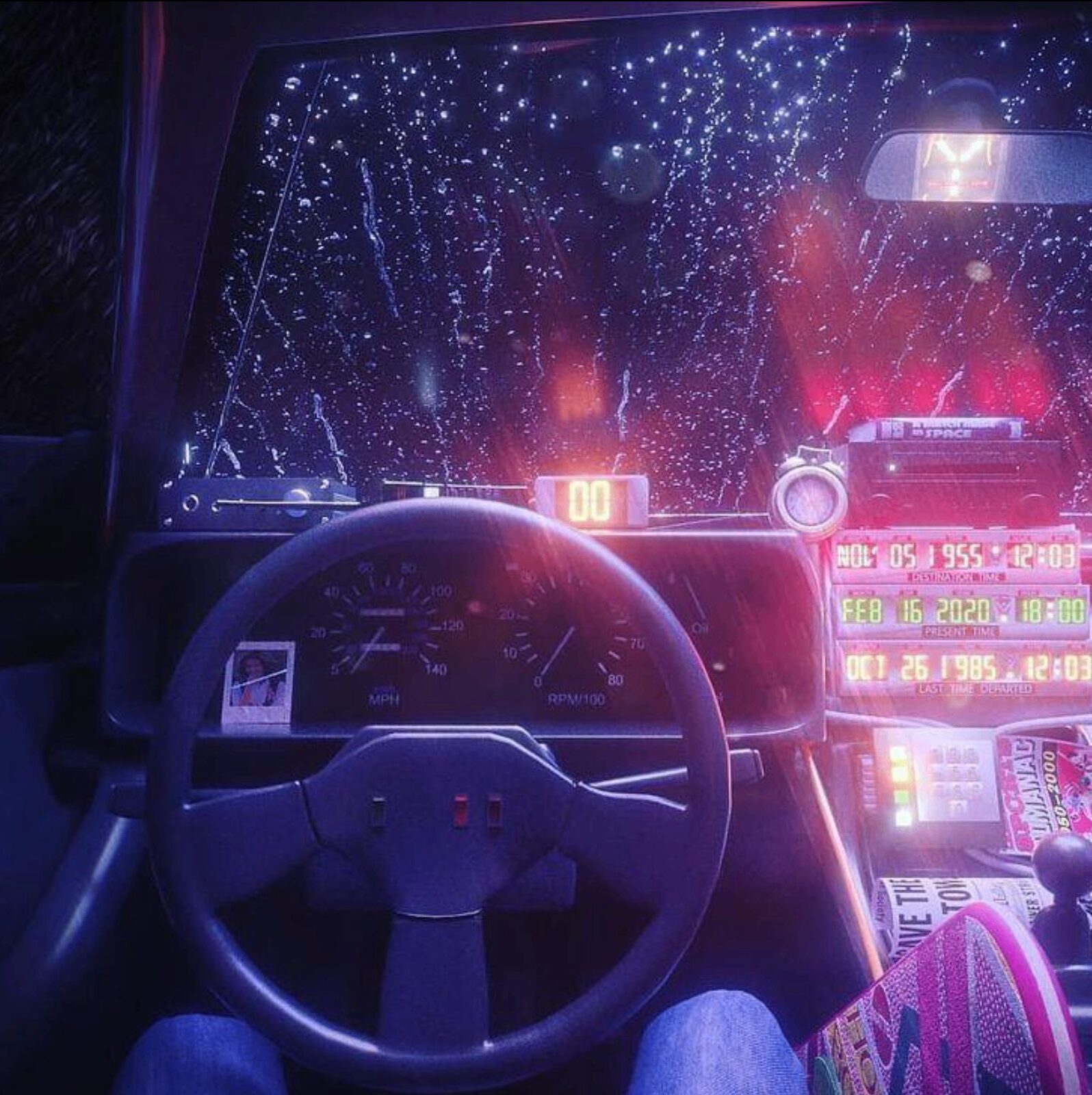 DeLorean dashboard, rainy windshield, neon glow
