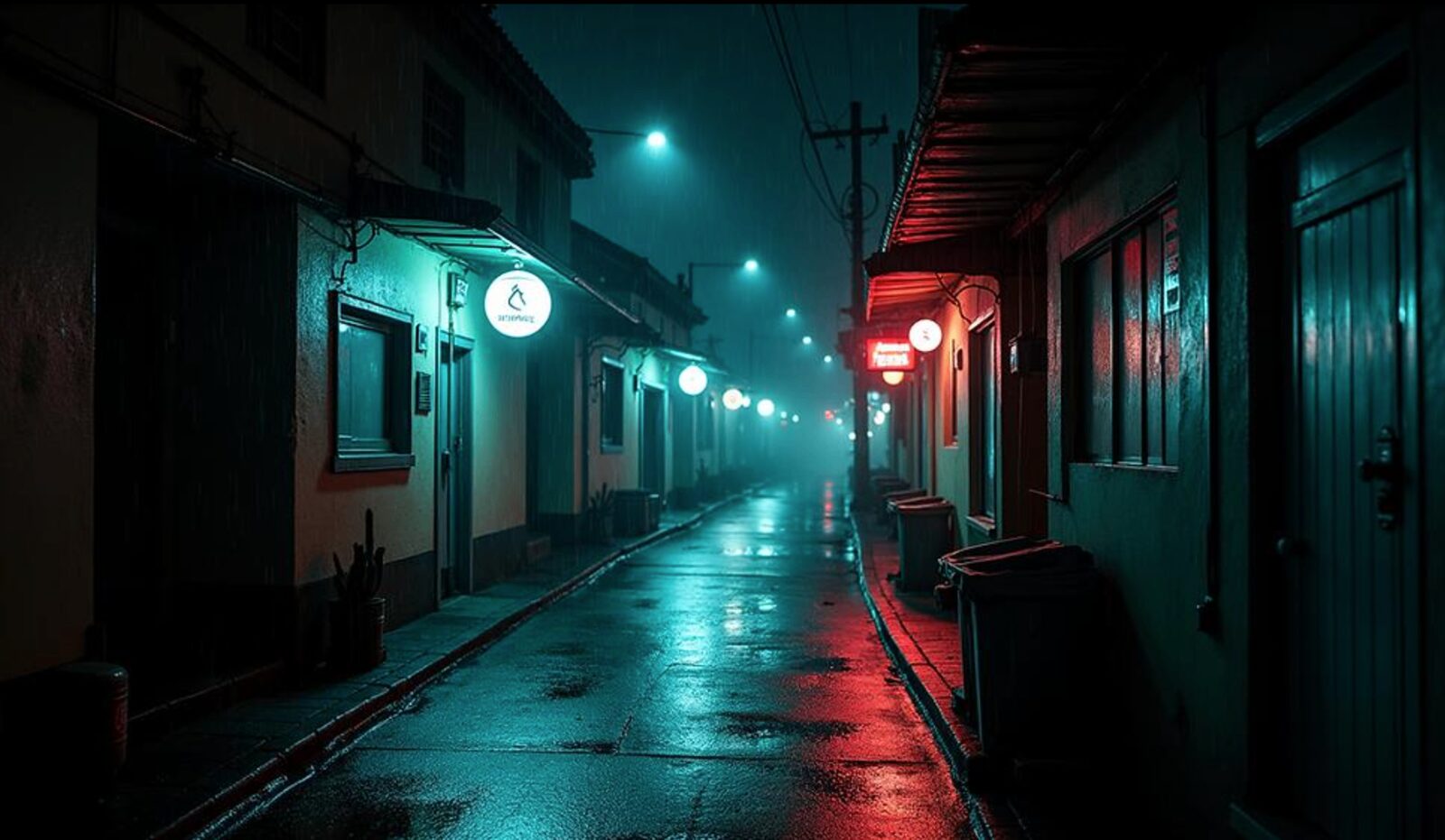 Rainy alley with teal and red neon glow