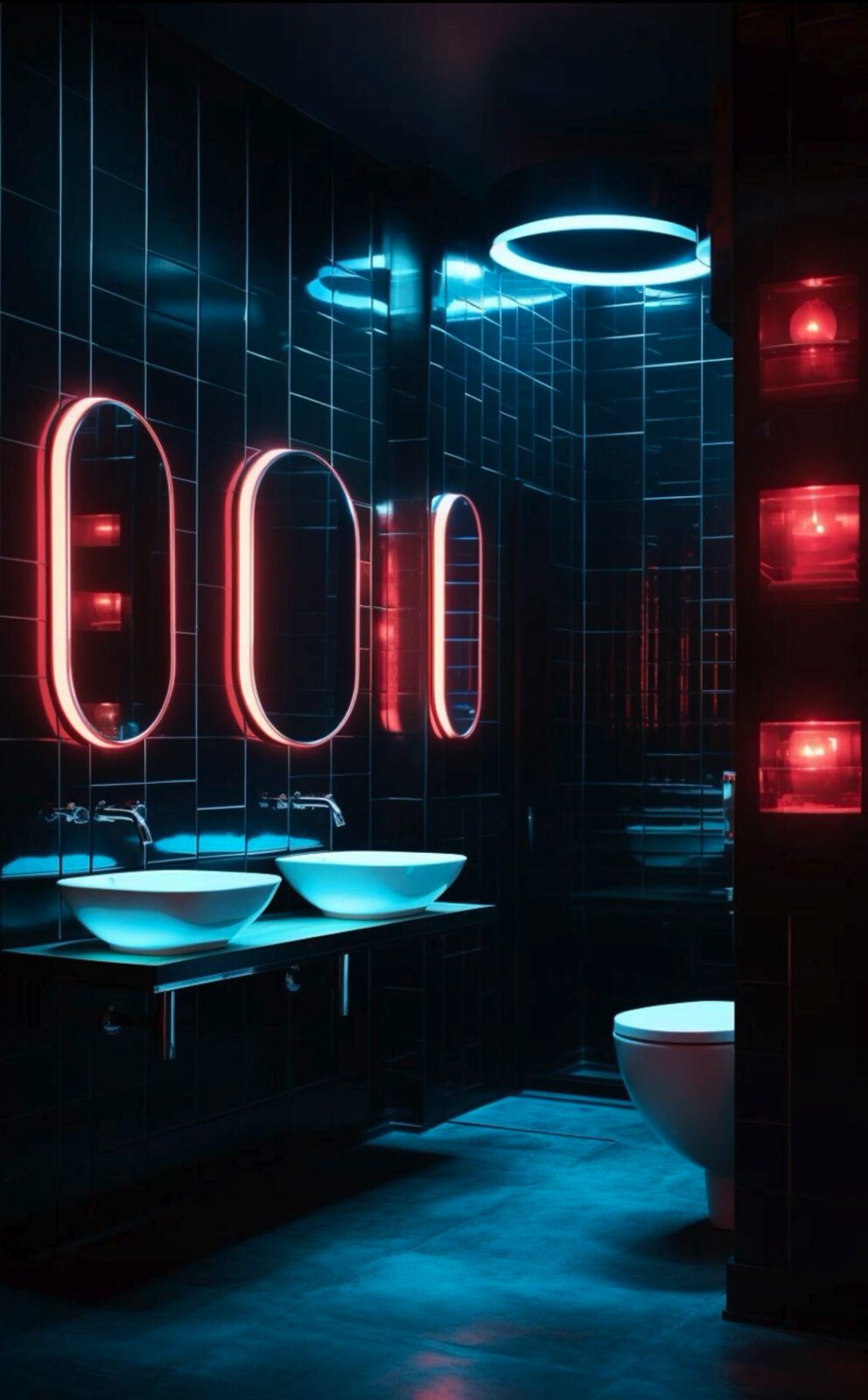 Dark tiled bathroom with red and teal neon
