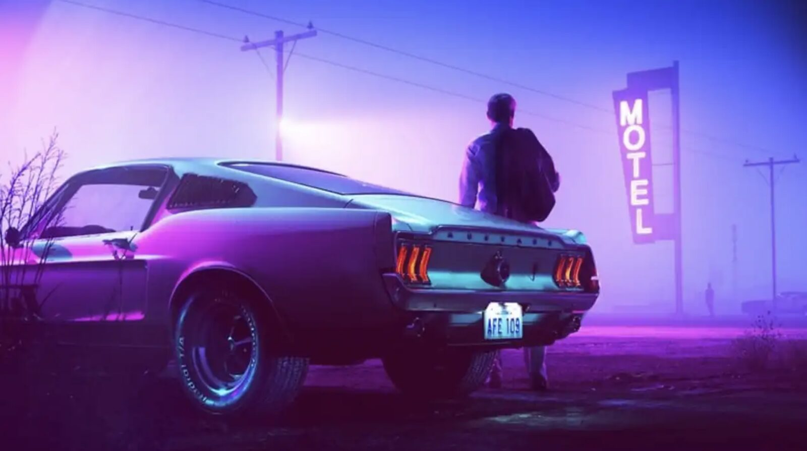 Mustang at neon-lit motel at dusk