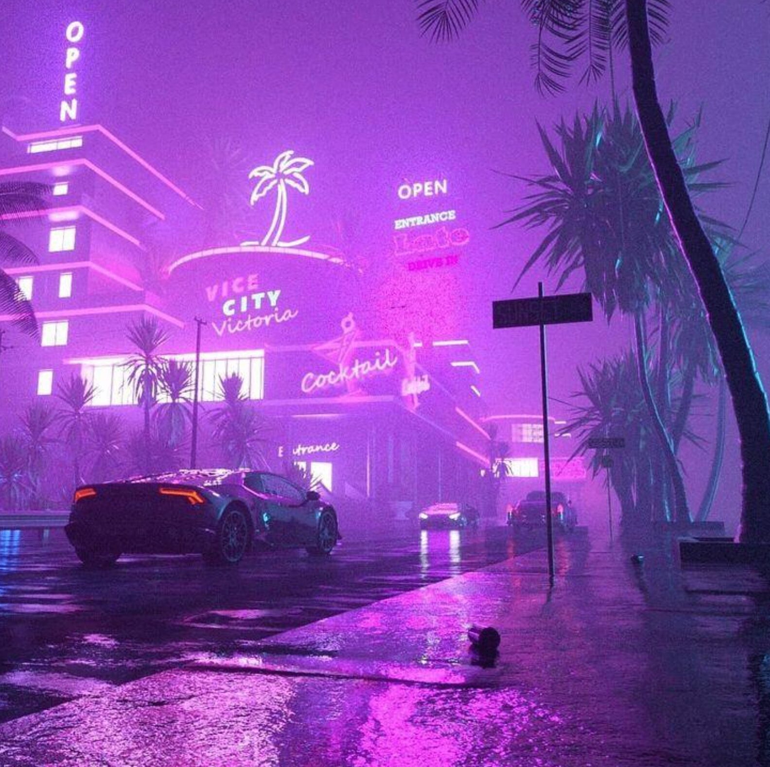 Vice City neon street at night in the rain