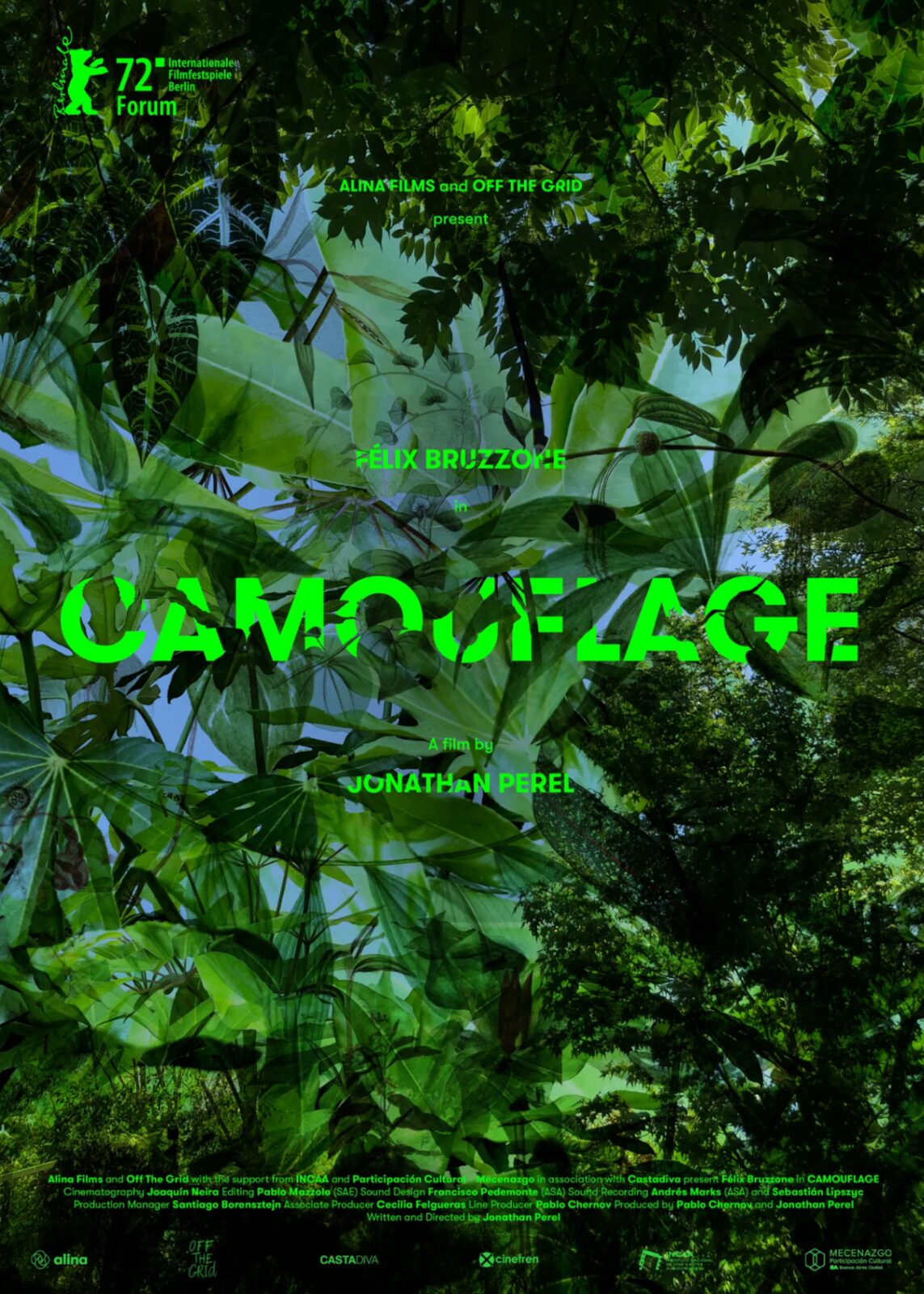 Dense jungle film poster with acid green type