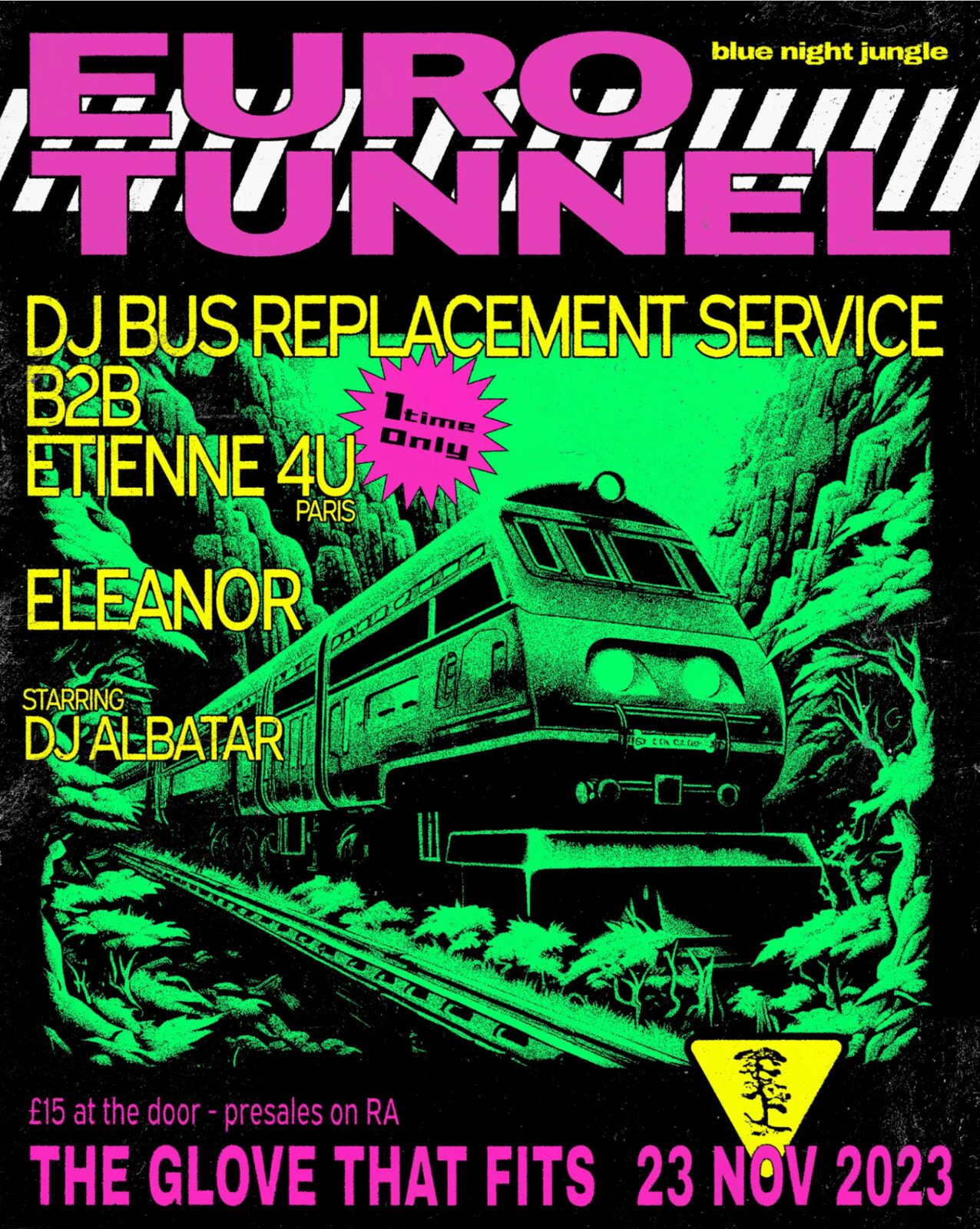 Neon rave flyer with train illustration
